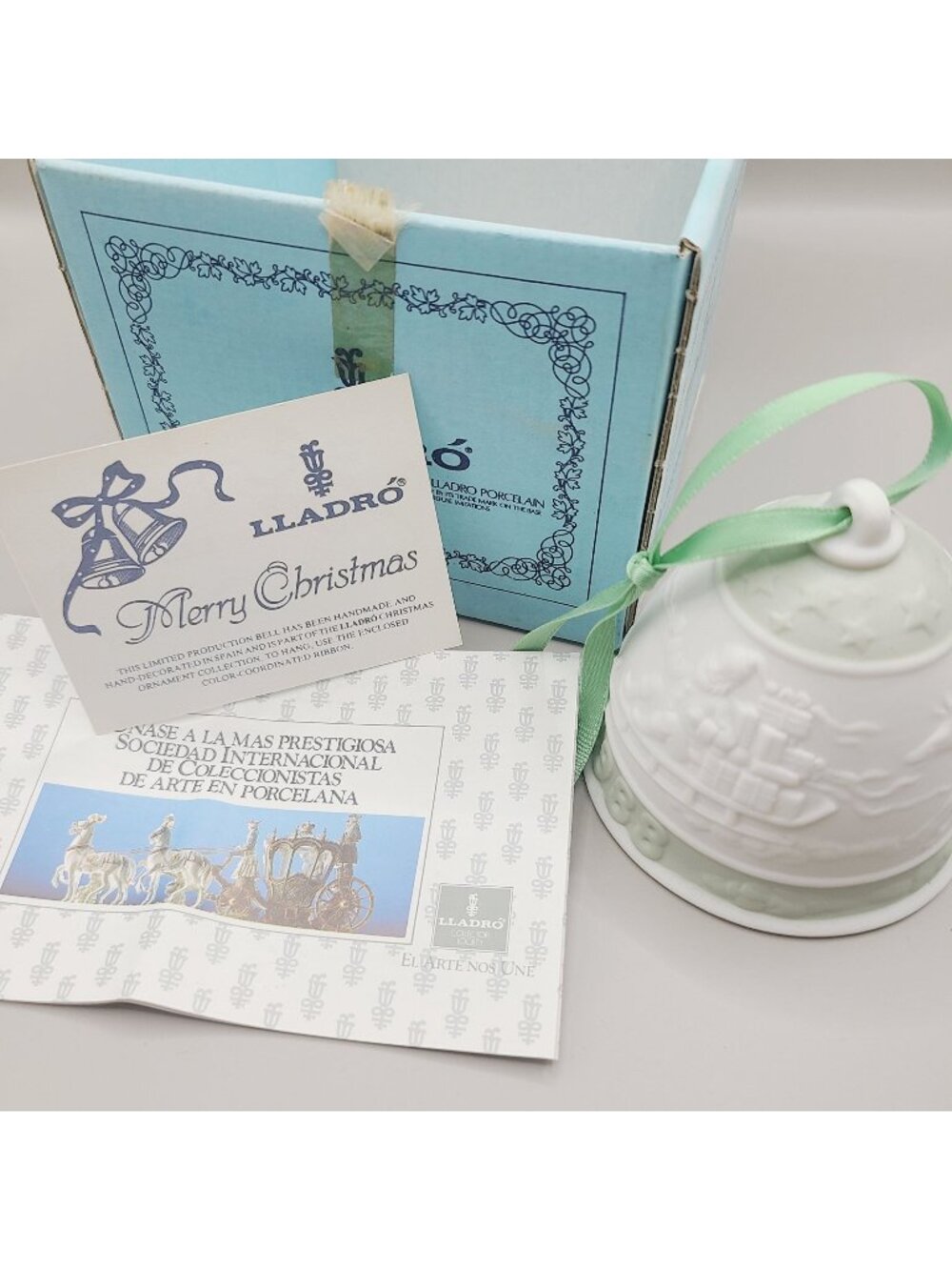 Lladro 1988 Christmas Bell Ornament Box & Certificate Porcelain Santa Reindeer